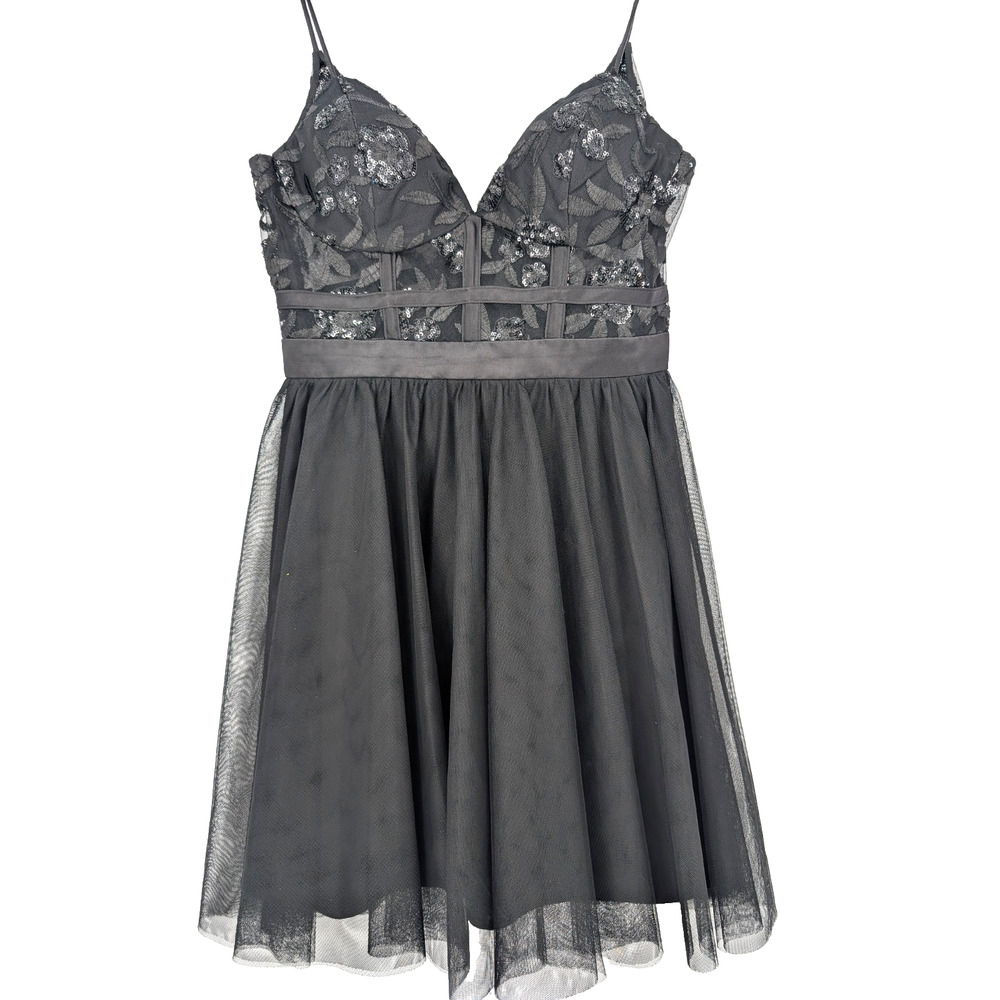 Y2K Black Sequin Corset Bodice Sheer Tulle Gothic Dark Fairy Baddie Hoco Dress 5